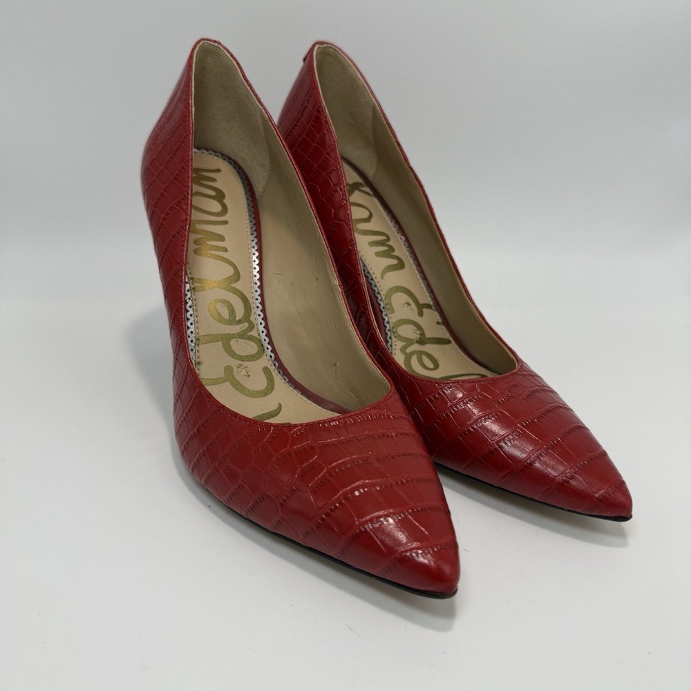 Sam Edelman Hazel Beet Red Croc Embossed Leather Pointed Toe Pumps Heels 8 Read!